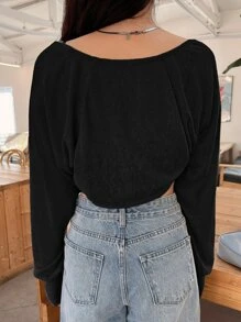 DAZY Solid Open Front Crop Top - Black - View 2