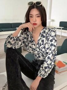 DAZY Áo kiểu tay phồng in hoa, Áo dài tay mùa thu, Áo thun in họa tiết, Trang phục đi nghỉ mát cho nữ - Màu be - Xem 6