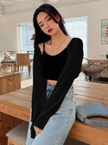 DAZY Solid Open Front Crop Top - Black - View 3
