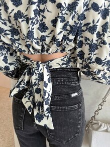 DAZY Áo kiểu tay phồng in hoa, Áo dài tay mùa thu, Áo thun in họa tiết, Trang phục đi nghỉ mát cho nữ - Màu be - Xem 7