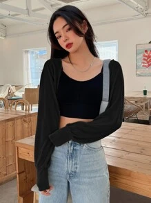 DAZY Solid Open Front Crop Top - Black - View 4