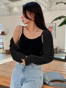 DAZY Solid Open Front Crop Top - Black - View 5