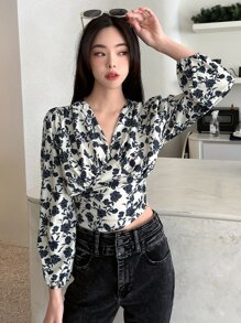 DAZY Áo kiểu tay phồng in hoa, Áo dài tay mùa thu, Áo thun in họa tiết, Trang phục đi nghỉ mát cho nữ - Màu be - Xem 10