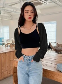 DAZY Solid Open Front Crop Top - Black - View 8