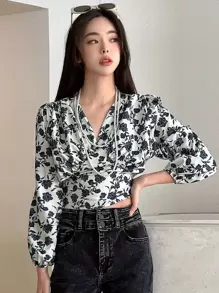 DAZY Áo kiểu tay phồng in hoa, Áo dài tay mùa thu, Áo thun in họa tiết, Trang phục đi nghỉ mát cho nữ - Màu be - Xem 12