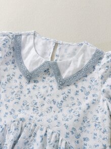 女孩碎花水溶蕾絲拼接泡泡袖洋裝 - 淺藍色 - 查看 4