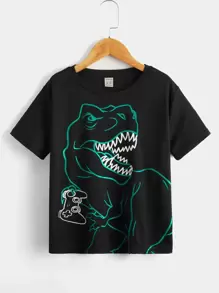 SHEIN Boys Gamepad & Dinosaur Print Tee - Black - View 1
