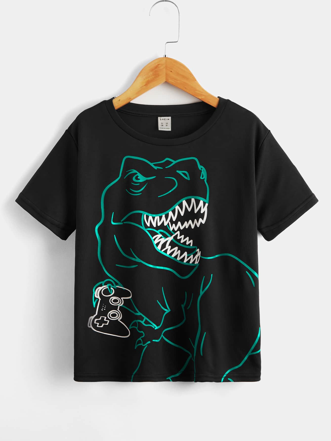 SHEIN Boys Gamepad & Dinosaur Print Tee - Black - View 1