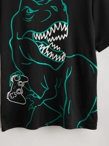 SHEIN Boys Gamepad & Dinosaur Print Tee - Black - View 3