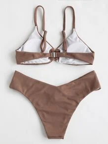 SHEIN Teen Girls Rib Ring Linked Bikini Set Summer Beach - Khaki - View 2