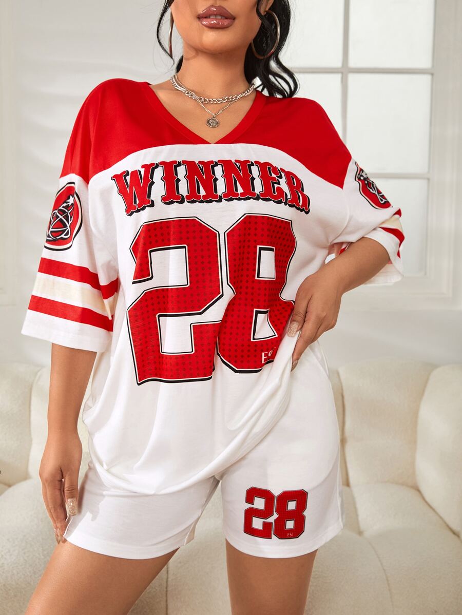 SHEIN EZwear Bộ đồ hai mảnh nữ Dây kéo Túi Lá thư Sọc Thể thao - Đỏ và trắng - Xem 1