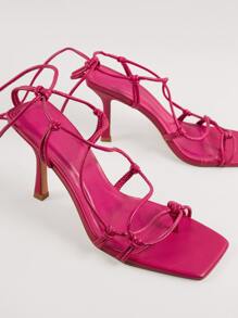 Square Open Toe Knotted Strappy Leg Wrap High Heels - Hot Pink - View 2