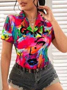 SHEIN Unity 人像和筆刷圖案襯衫 - 彩色 - 查看 5