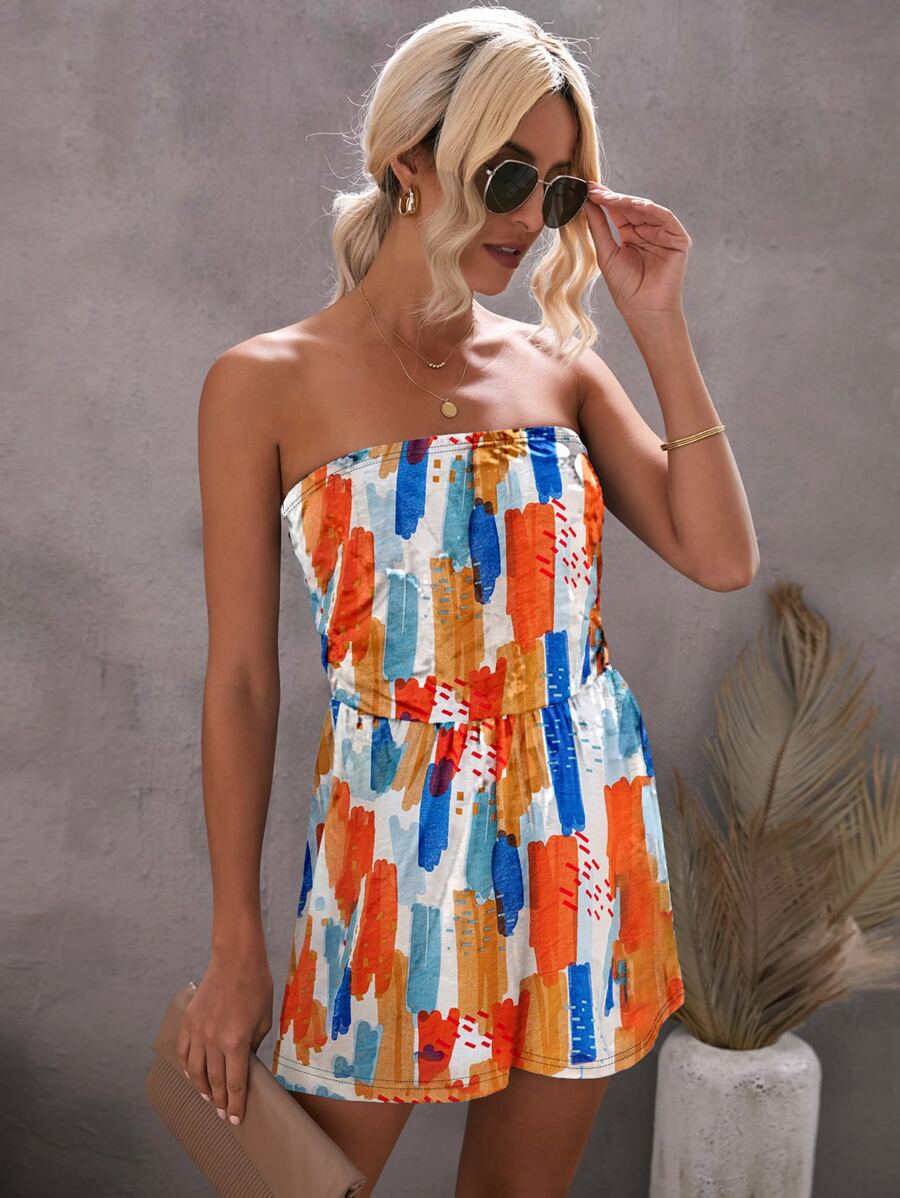 Brush Print Hidden Pocket Tube Romper - Multicolor - View 1