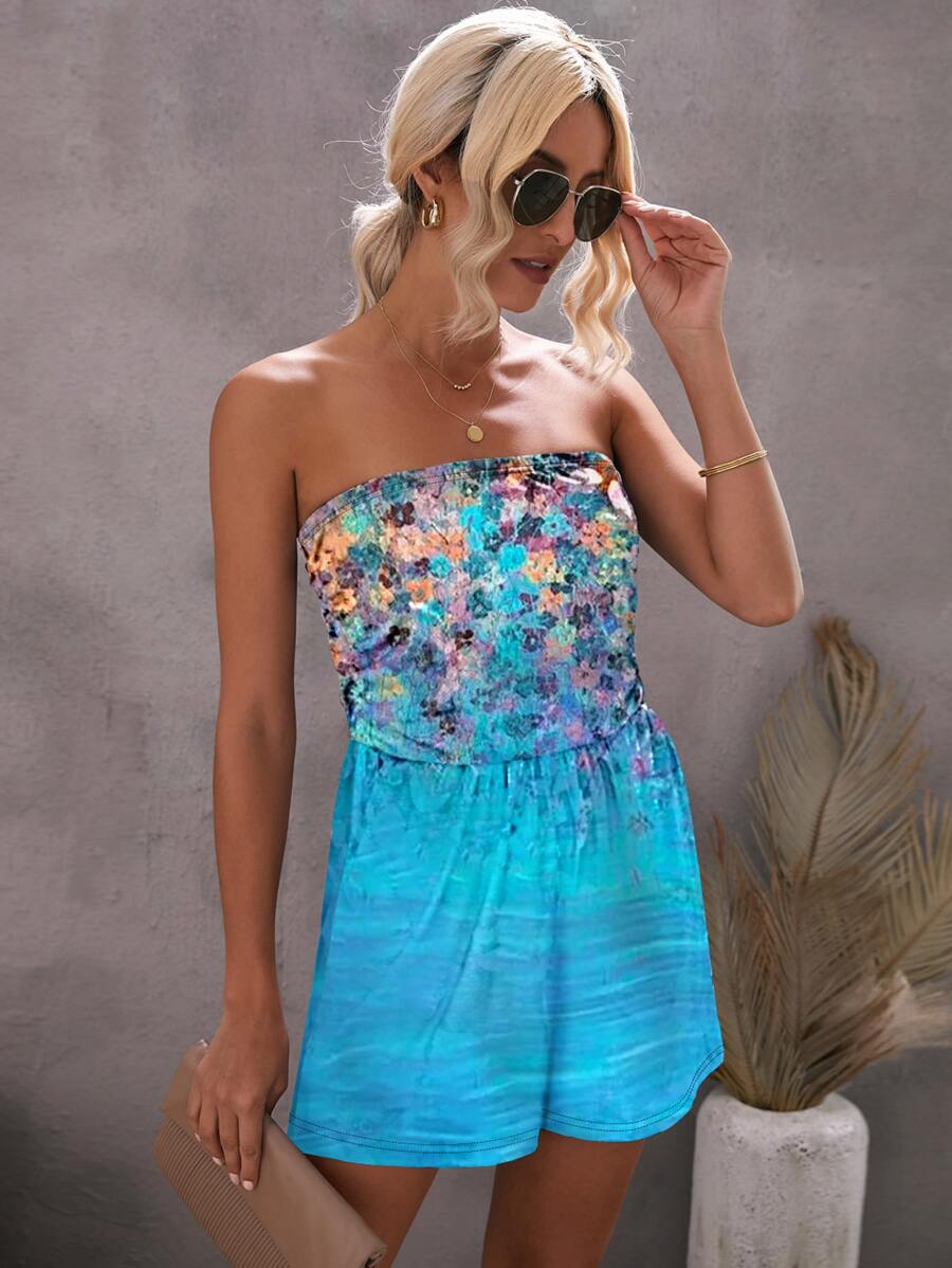 Floral Print Hidden Pocket Tube Romper - Blue - View 1