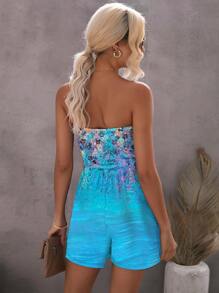 Floral Print Hidden Pocket Tube Romper - Blue - View 2