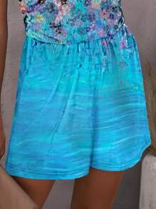 Floral Print Hidden Pocket Tube Romper - Blue - View 3