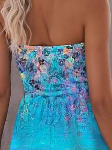 Floral Print Hidden Pocket Tube Romper - Blue - View 4