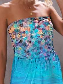 Floral Print Hidden Pocket Tube Romper - Blue - View 5