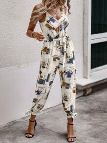 Breezaya Geo Print Split Knot Hem Belted Cami Jumpsuit - Multicolor - View 3