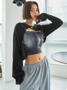 DAZY Rib Knit High Low Drop Shoulder Top Without Tube Top Long Sleeve Women Tops - Black - View 4