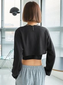 DAZY Rib Knit High Low Drop Shoulder Top Without Tube Top Long Sleeve Women Tops - Black - View 2
