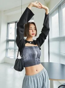 DAZY Rib Knit High Low Drop Shoulder Top Without Tube Top Long Sleeve Women Tops - Black - View 5