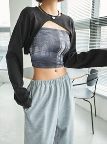 DAZY Rib Knit High Low Drop Shoulder Top Without Tube Top Long Sleeve Women Tops - Black - View 1