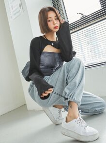 DAZY Rib Knit High Low Drop Shoulder Top Without Tube Top Long Sleeve Women Tops - Black - View 8