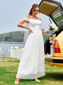 Cold Shoulder Contrast Mesh Wedding Dress Without Veil - White - View 1