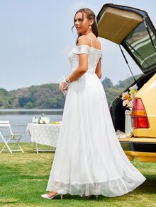 Cold Shoulder Contrast Mesh Wedding Dress Without Veil - White - View 2