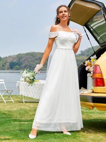 Cold Shoulder Contrast Mesh Wedding Dress Without Veil - White - View 3
