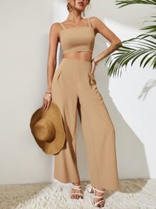 Breezaya Shirred Cami Top & Wide Leg Trousers - Khaki - View 1