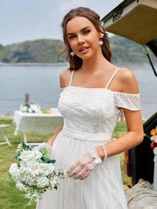 Cold Shoulder Contrast Mesh Wedding Dress Without Veil - White - View 4