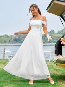 Cold Shoulder Contrast Mesh Wedding Dress Without Veil - White - View 5