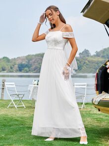 Cold Shoulder Contrast Mesh Wedding Dress Without Veil - White - View 6