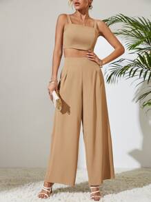 Breezaya Shirred Cami Top & Wide Leg Trousers - Khaki - View 5