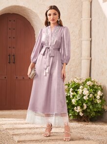 Modelyn Đầm Thắt lưng Tương phản ren mép Khối Màu Hấp dẫn - Màu Lilac Tím - Xem 1