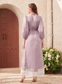 Modelyn Đầm Thắt lưng Tương phản ren mép Khối Màu Hấp dẫn - Màu Lilac Tím - Xem 2