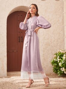 Modelyn Đầm Thắt lưng Tương phản ren mép Khối Màu Hấp dẫn - Màu Lilac Tím - Xem 3