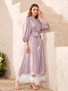 Modelyn Đầm Thắt lưng Tương phản ren mép Khối Màu Hấp dẫn - Màu Lilac Tím - Xem 4