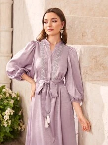 Modelyn Đầm Thắt lưng Tương phản ren mép Khối Màu Hấp dẫn - Màu Lilac Tím - Xem 5