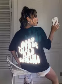 SHEIN Unity Reflective Slogan Graphic Drop Shoulder Tee GOOD THINGS ARE COMING Graphic Tees Women Tops - Black - View 2