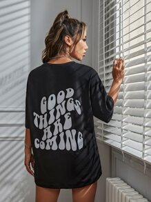SHEIN Unity Reflective Slogan Graphic Drop Shoulder Tee GOOD THINGS ARE COMING Graphic Tees Women Tops - Black - View 6
