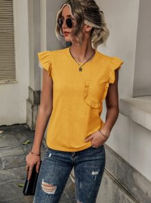 SHEIN LUNE Camiseta ribete con fruncido con parche de bolsillo - Amarillo - Ver 1