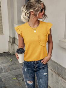 SHEIN LUNE Camiseta ribete con fruncido con parche de bolsillo - Amarillo - Ver 3
