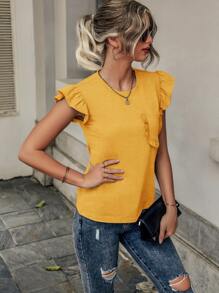 SHEIN LUNE Camiseta ribete con fruncido con parche de bolsillo - Amarillo - Ver 4
