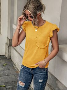 SHEIN LUNE Camiseta ribete con fruncido con parche de bolsillo - Amarillo - Ver 5
