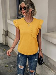 SHEIN LUNE Camiseta ribete con fruncido con parche de bolsillo - Amarillo - Ver 6