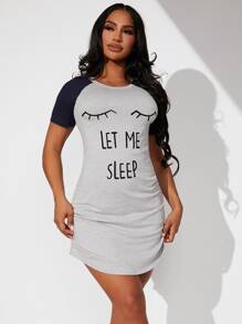 Colour Block Slogan Graphic Night Dress - Light Grey - View 3
